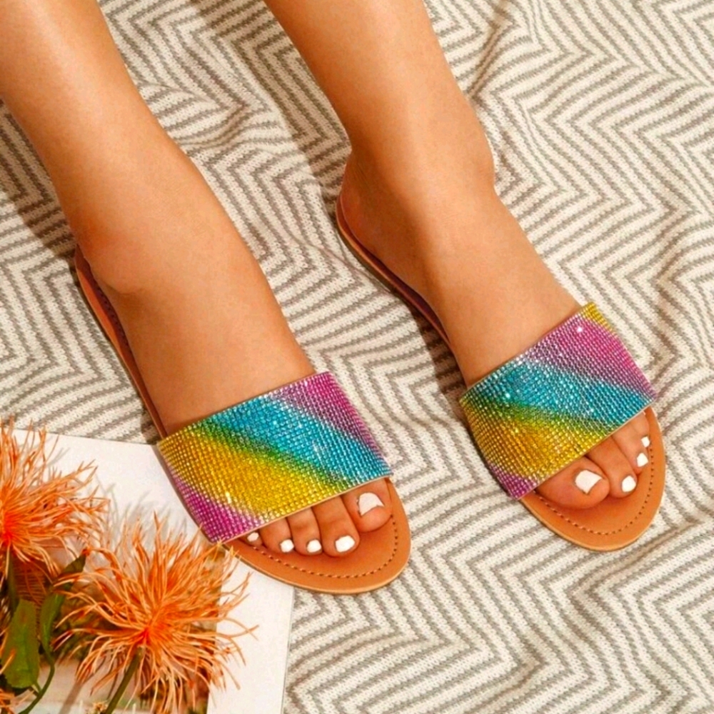 Rainbow rhinestone slip on sandals size 10